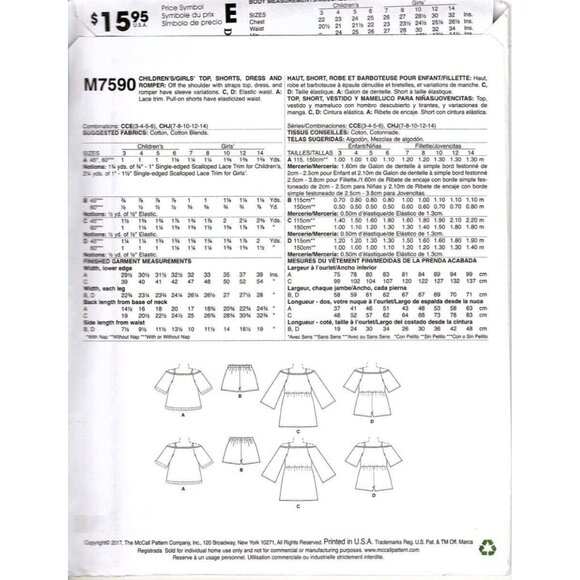 McCalls M7590 Girls 3 to 6 Top Shorts and Romper Uncut Sewing Pattern New - Picture 2 of 2
